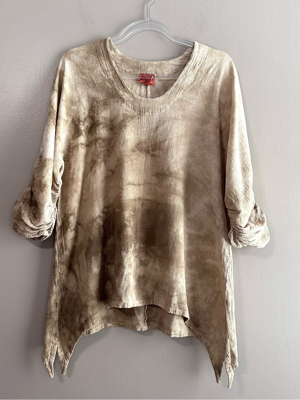 Oh My Gauze! Tan Brown Tie Dye Cotton Ruched 3/4 Sleeve Boho Tunic Womens Medium